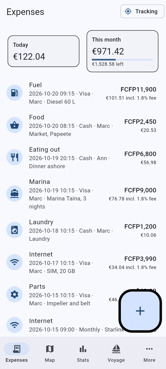 Boat Budget’s Expenses tab on a phone: today’s and the month’s totals, expenses in several currencies